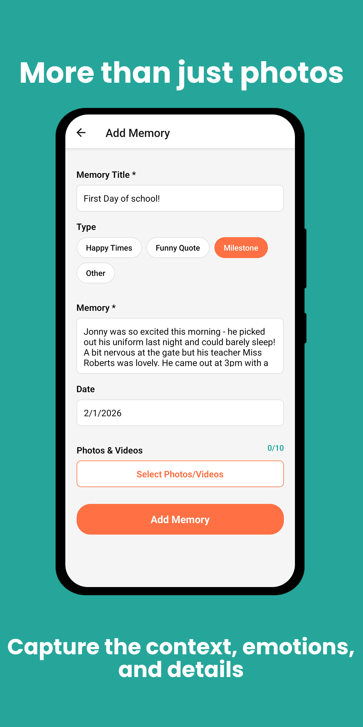 Memorease app screenshot showing how to create a memory with title, type, description, and photos for a child's first day of school