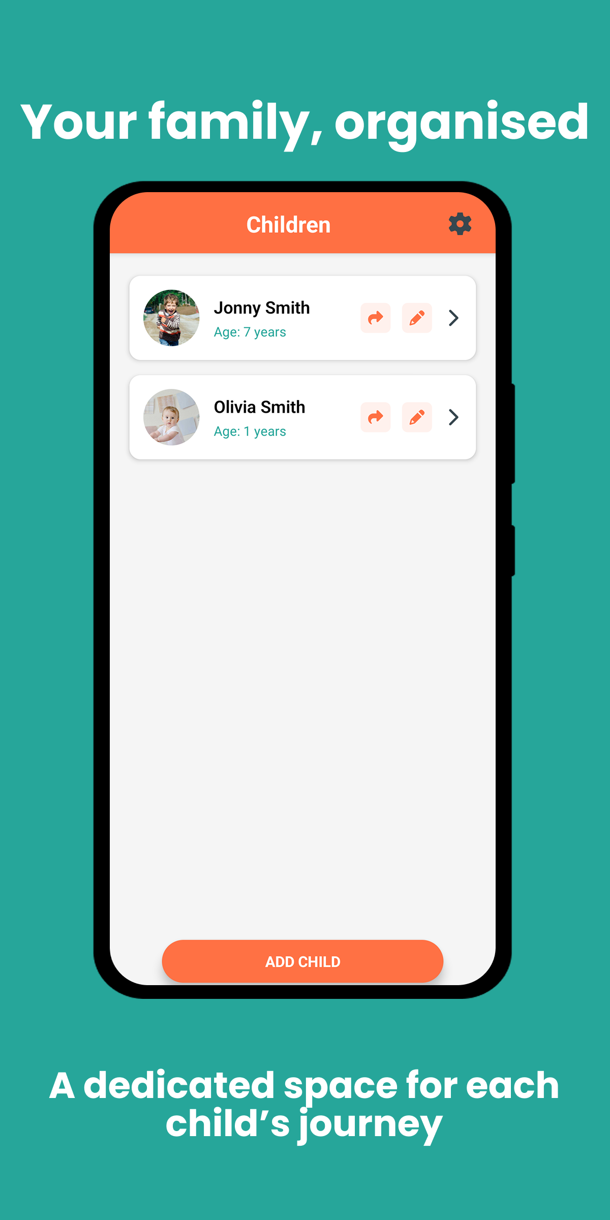 Memorease app children management screen showing individual profiles for Jonny Smith age 7 and Olivia Smith age 1 with profile photos