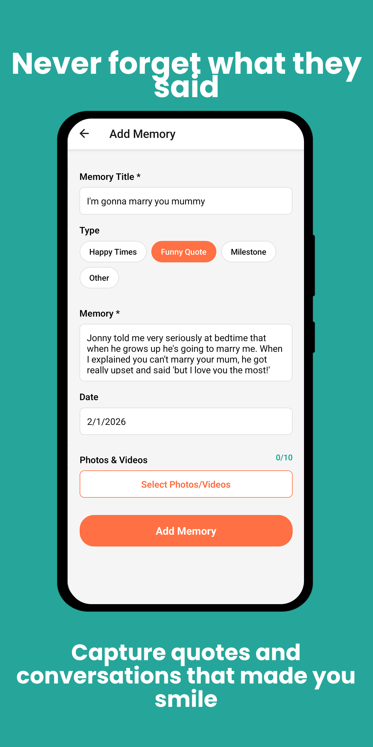 Memorease app screenshot capturing a funny quote from a child saying I'm gonna marry you mummy with memory categorization options