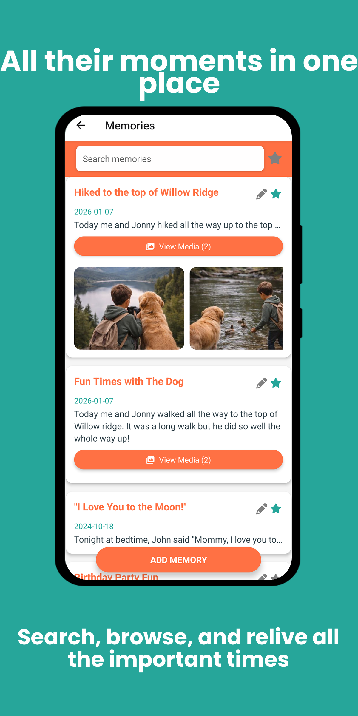 Memorease app memory timeline showing searchable list of family memories including hiking photos and quotes with dates and categories